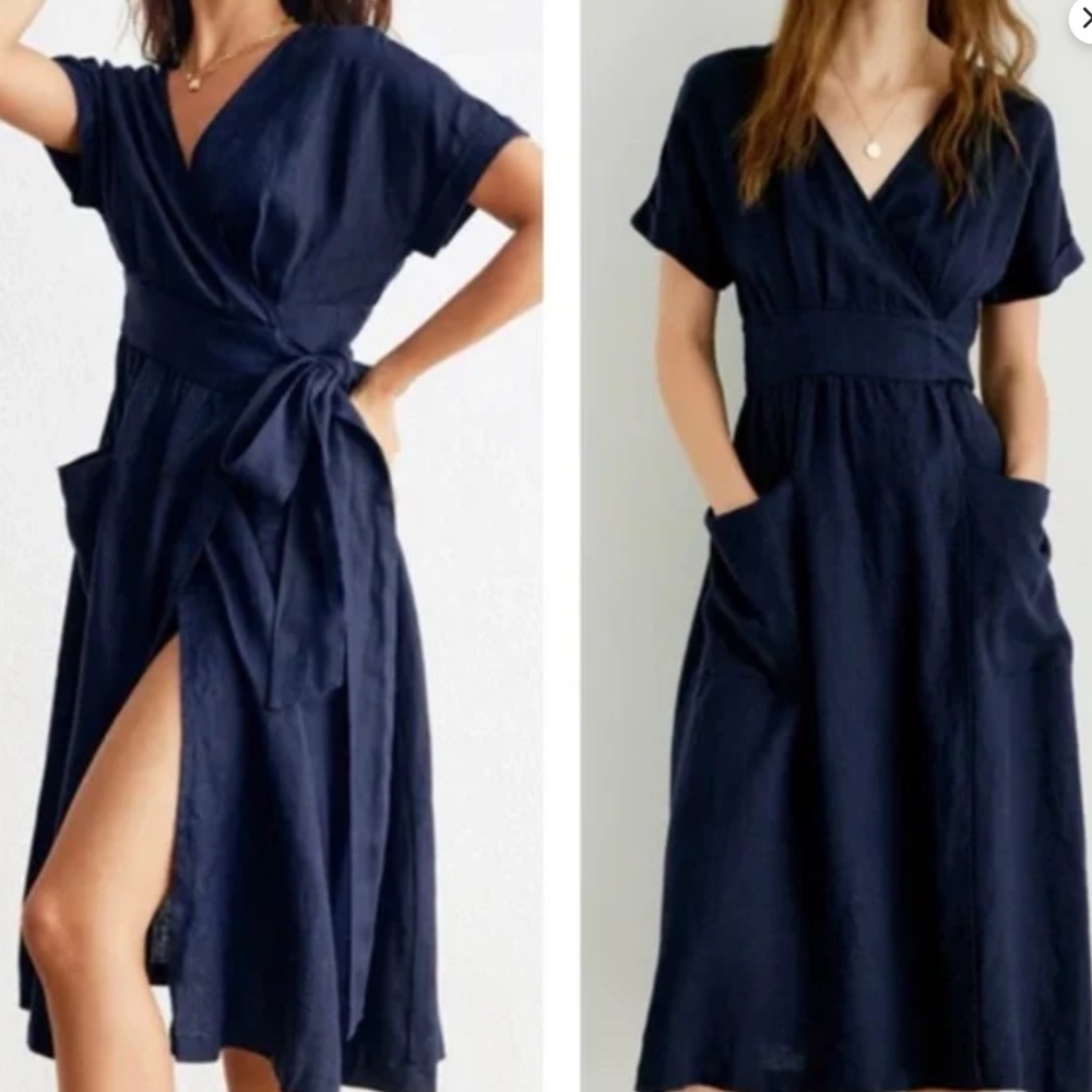 Grae Cove NWOT 100% Linen Navy Blue Front Pocket Wrap Belted Midi XXL